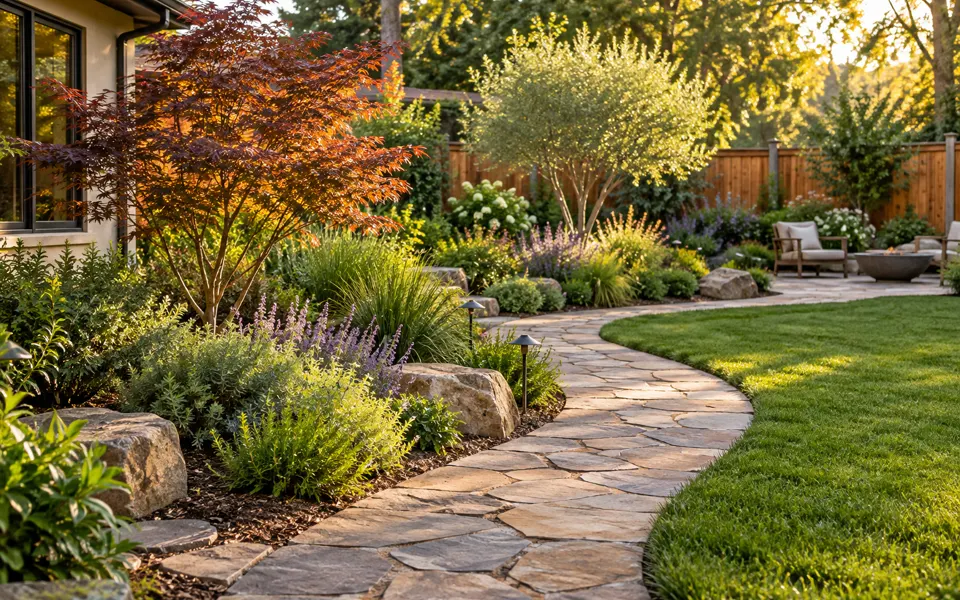 Curved stone path through a landscaped backyard with layered shrubs and a small tree