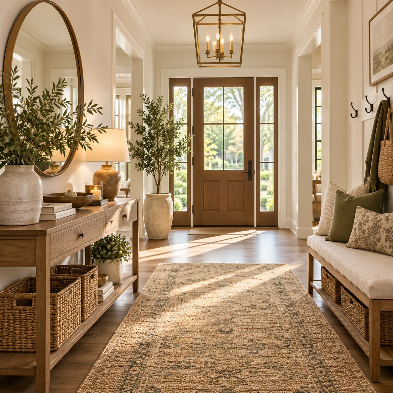 Warm modern farmhouse entryway with a wood front door, console table, mirror, bench, plants, and woven baskets