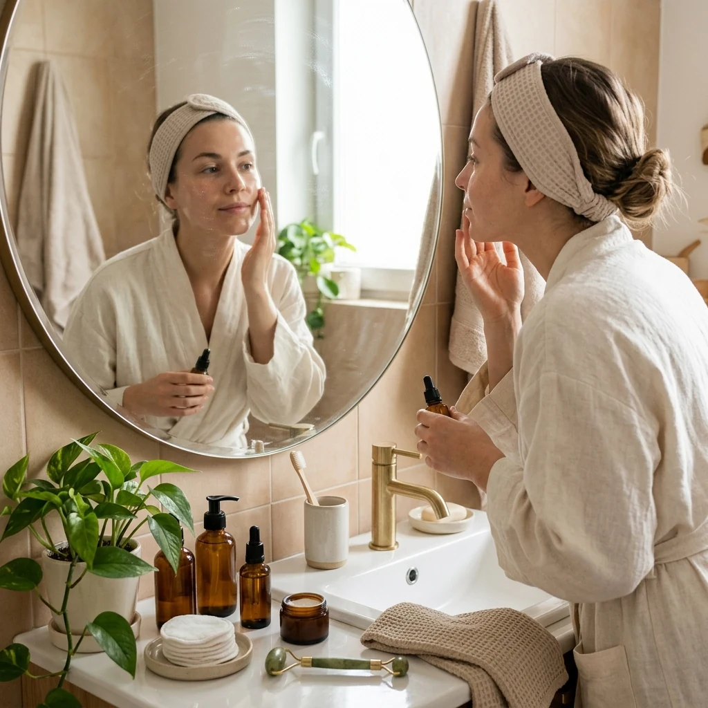 Skincare essentials arranged in a calm warm-toned beauty setting