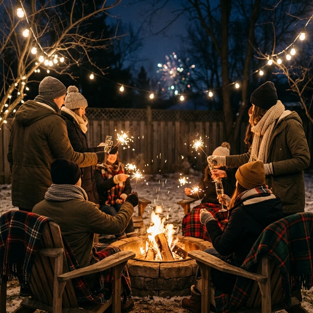 Friends celebrating New Year's Eve outdoors around a fire pit with sparklers, string lights, blankets, and fireworks