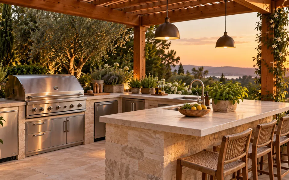 Outdoor kitchen with a built-in grill, stone counter and cedar pergola