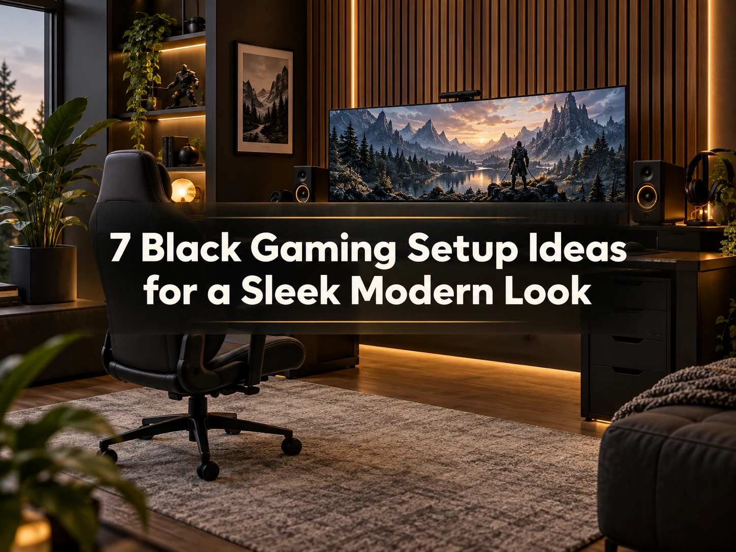 Black gaming setup with warm amber lighting, walnut slat wall, and centered article title