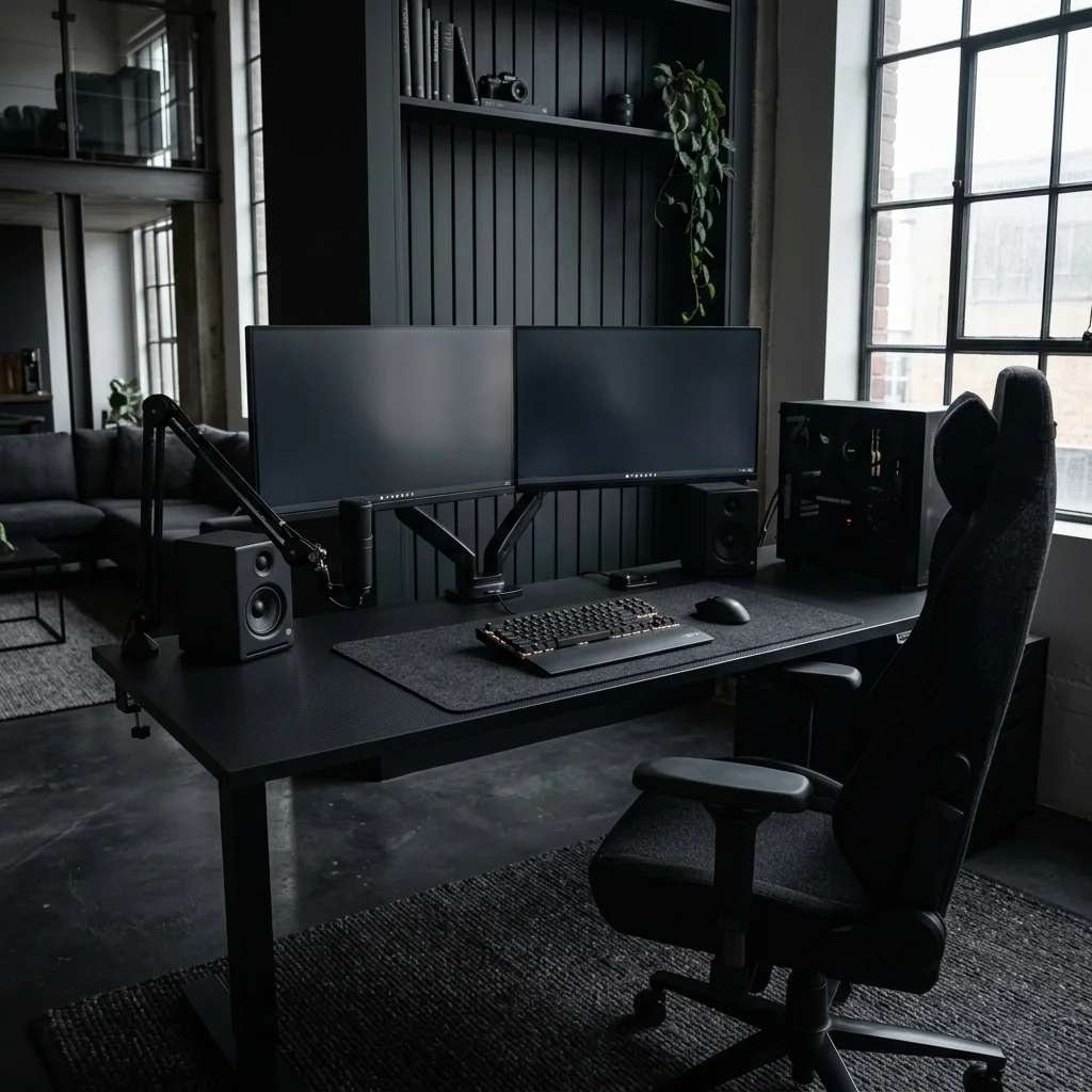 Matte black gaming desk with dual monitors and a charcoal desk mat