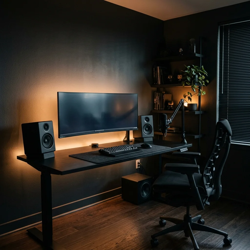 Black gaming desk with a single monitor and warm amber backlighting