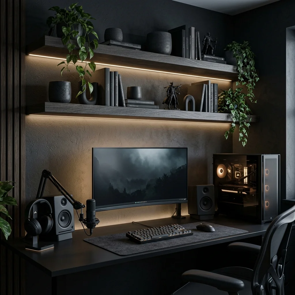 Dark floating shelves with books and trailing plants above a black gaming setup
