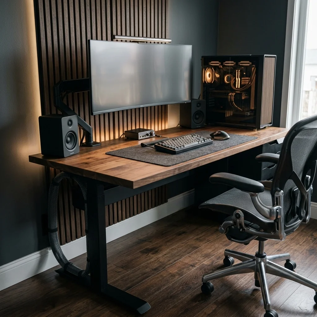 Tidy gaming desk with concealed cables and a braided sleeve beside the rear leg