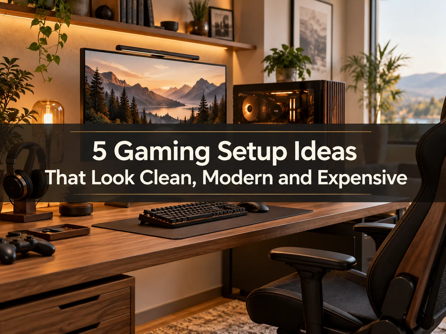 Warm modern gaming setup with a walnut desk, PC, ultrawide monitor, and ergonomic chair