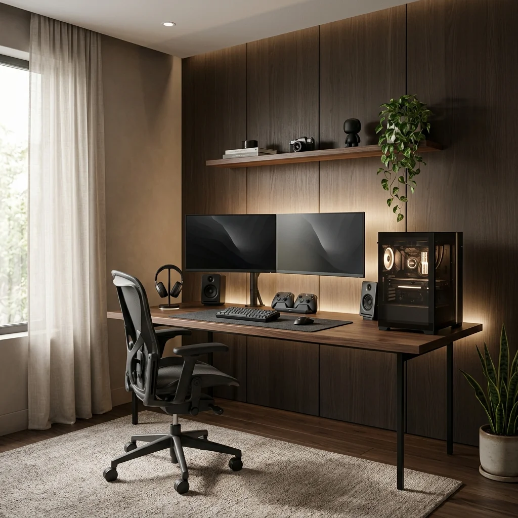 Tidy dual-monitor gaming setup with clear floor space and a walnut desk