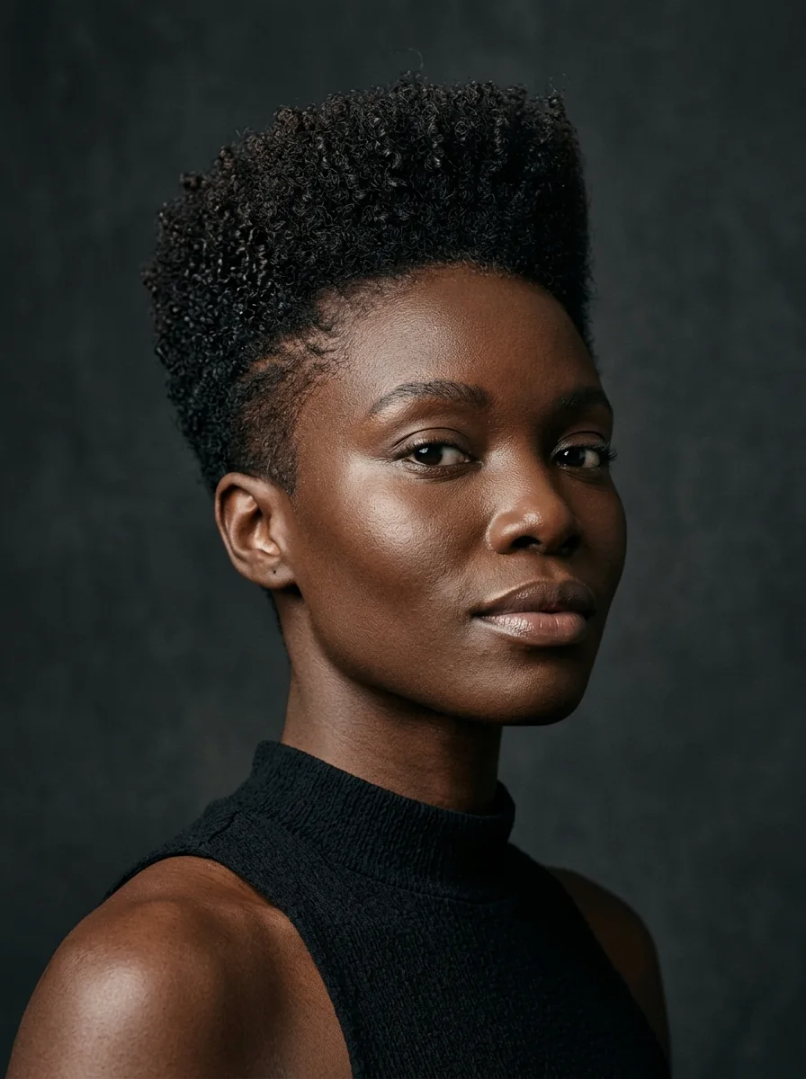 Black woman wearing a coily pixie with a soft frohawk shape