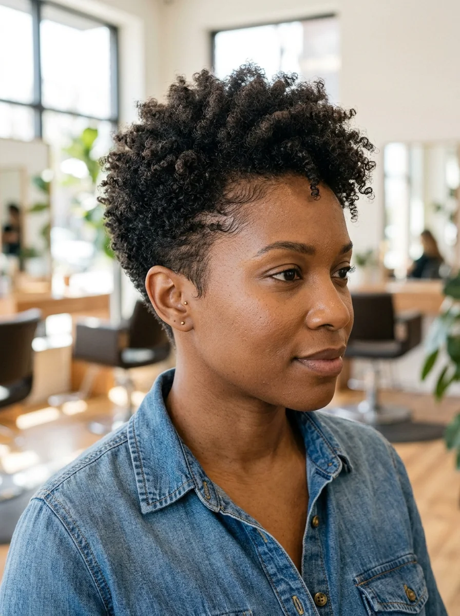 Black woman wearing a longer coily pixie with a tapered nape