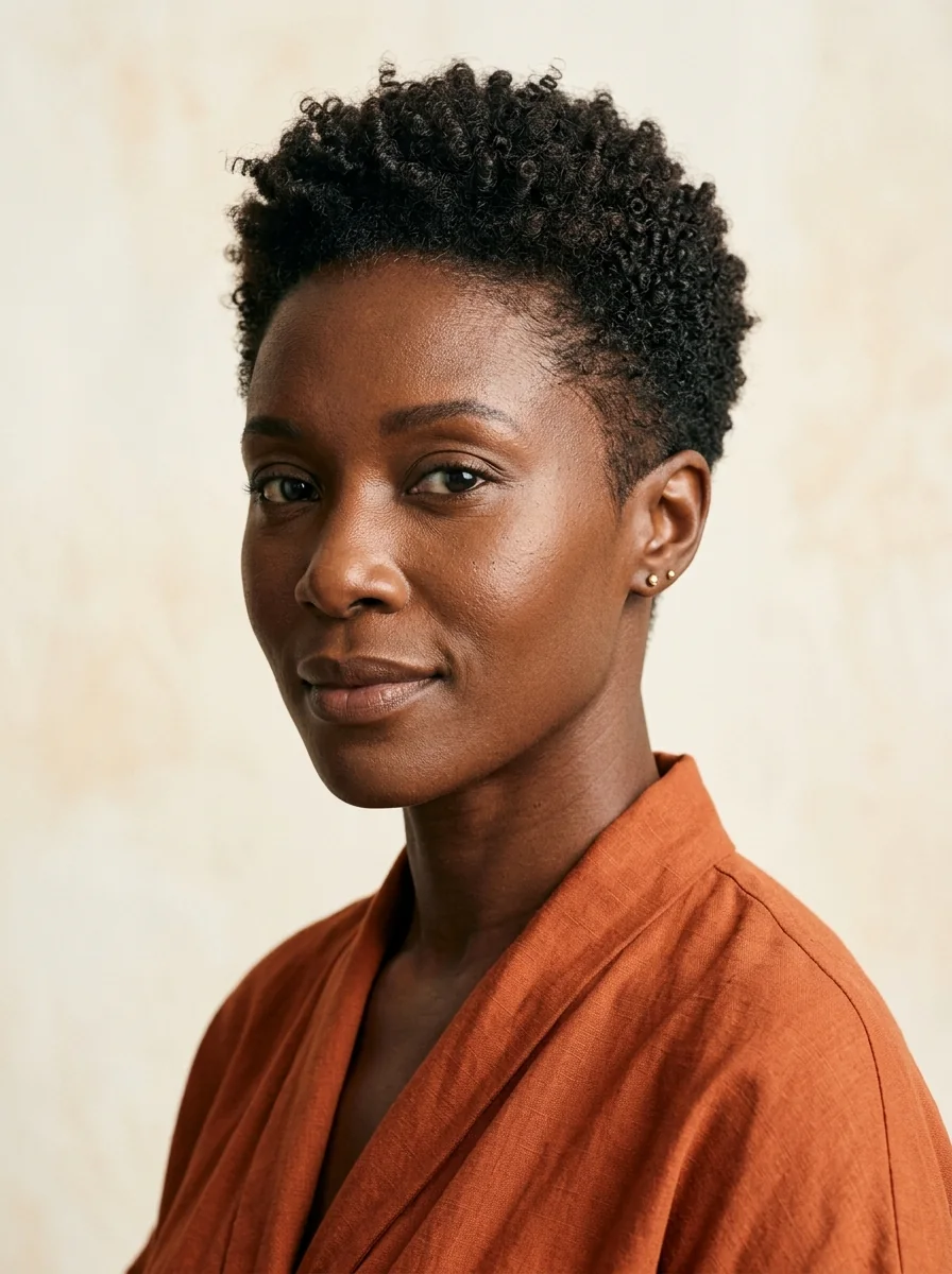 Black woman wearing a rounded coily crop pixie hairstyle