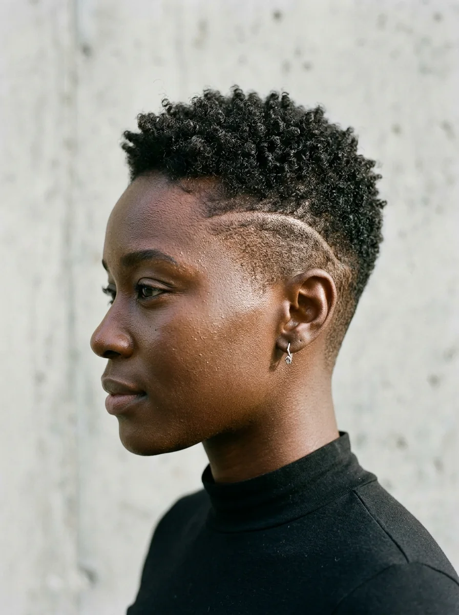 Black woman wearing a short coily pixie with a line detail