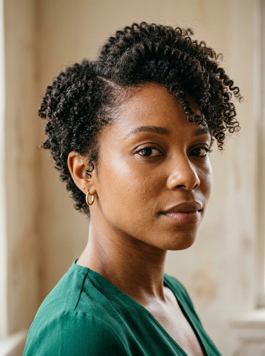 Black woman wearing a temple-tapered coily pixie hairstyle