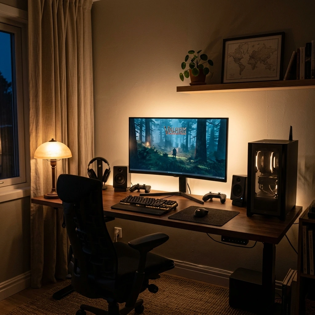 Cozy evening gaming desk illuminated by a warm table lamp and monitor bias backlighting