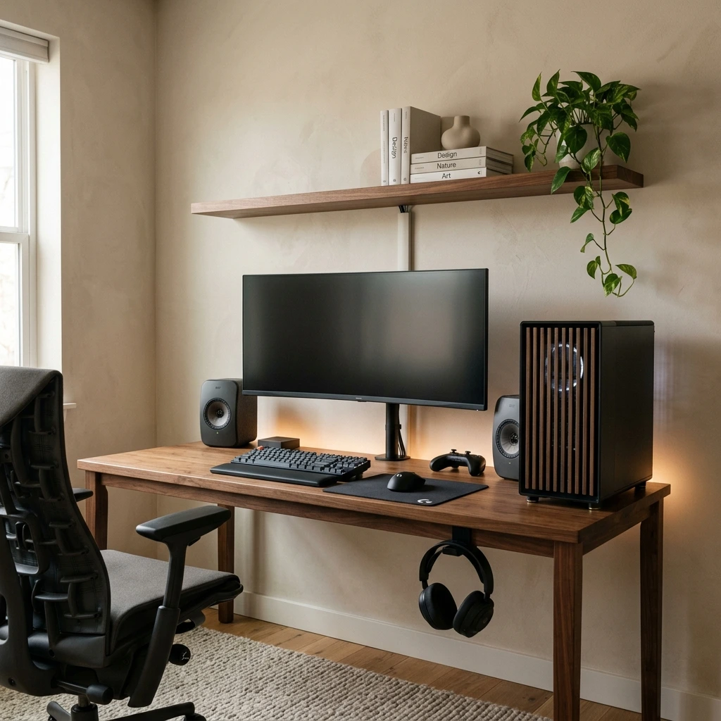 Slim wooden floating shelf with a trailing plant and books mounted above a gaming monitor