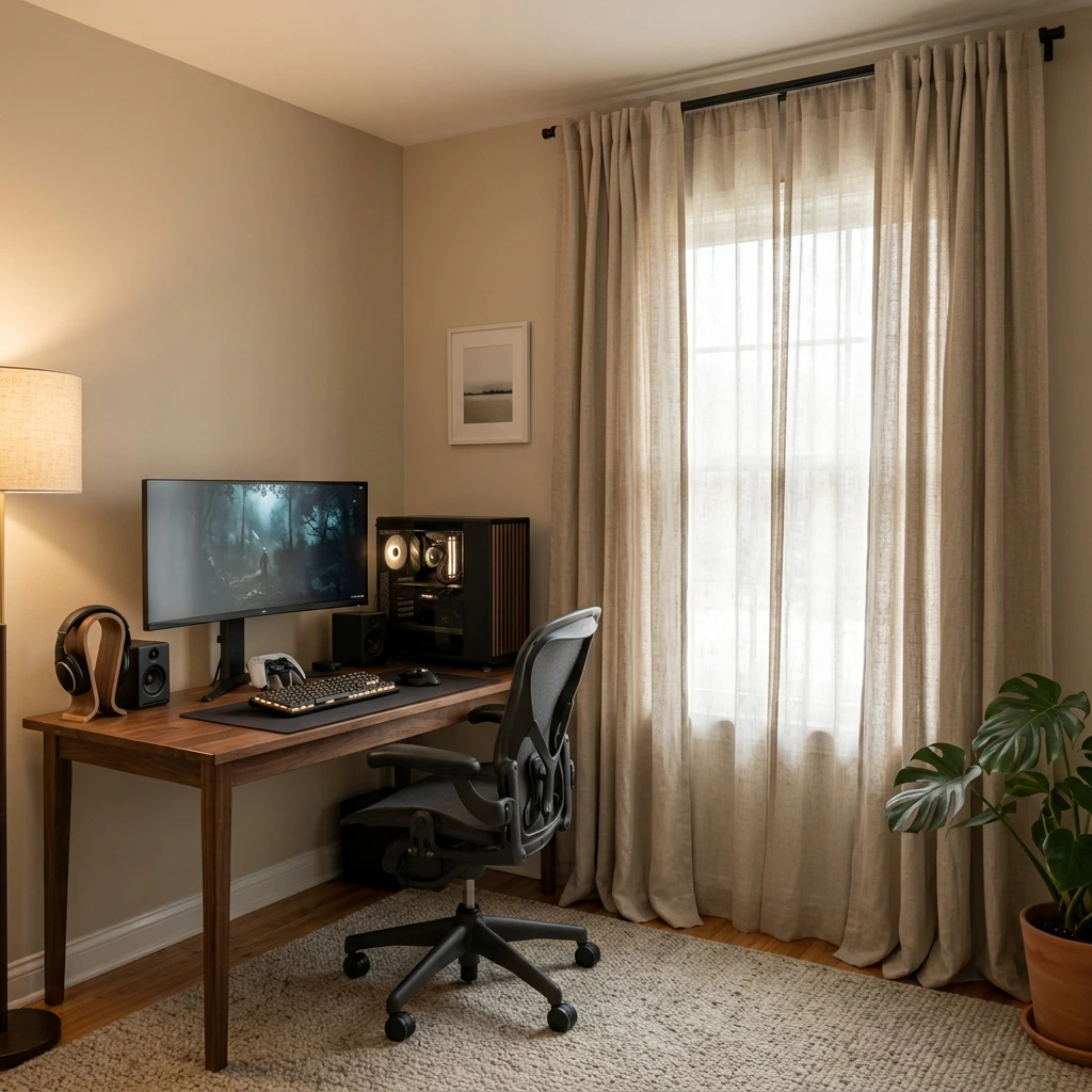 Cozy gaming setup beside a window framed by full-length neutral linen curtains