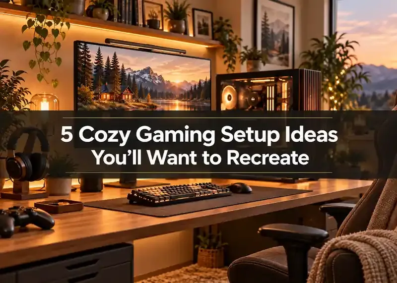 Cozy gaming desk with warm wood, plants, soft lighting, and fabric chair