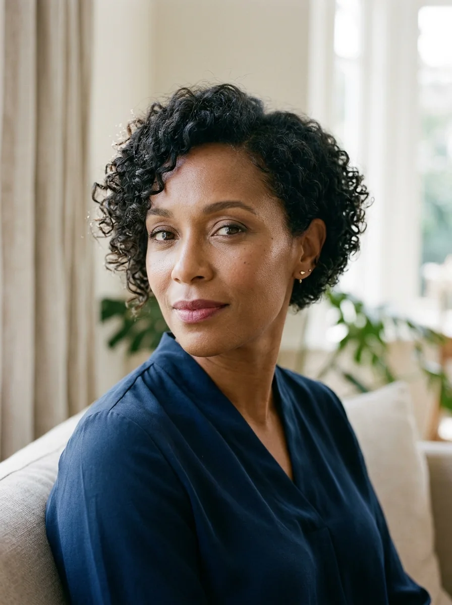 Black woman wearing an asymmetrical curly pixie hairstyle