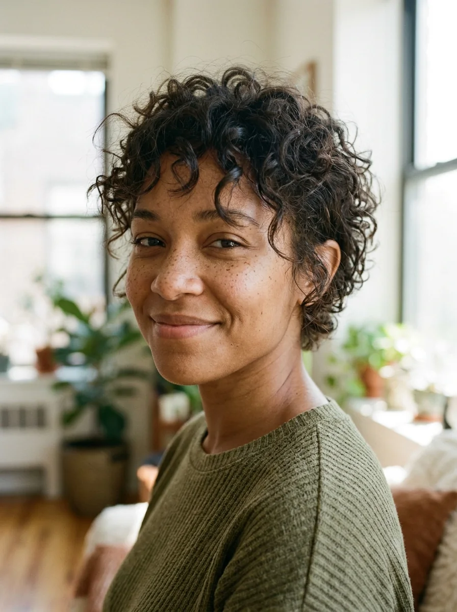 Black woman wearing a curly shaggy pixie hairstyle