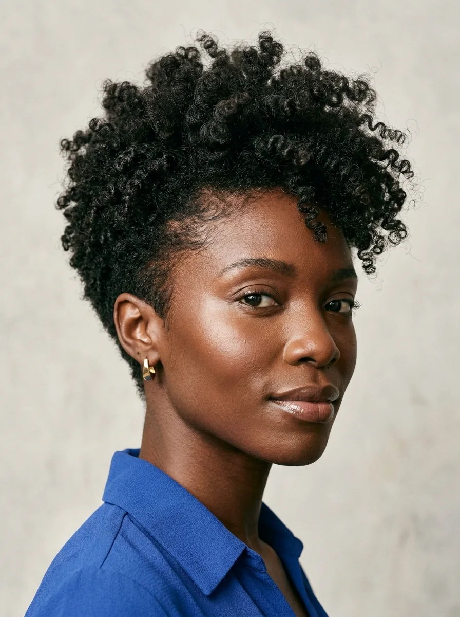 Black woman wearing a curly pixie with a soft undercut