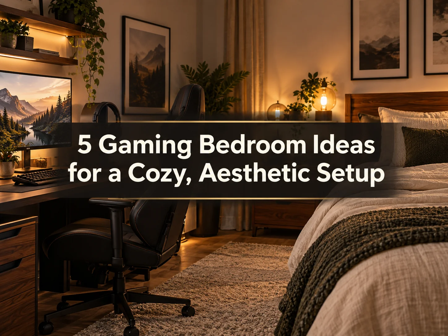 Cozy gaming bedroom with a warm desk setup, comfortable bed, plants, and soft amber lighting
