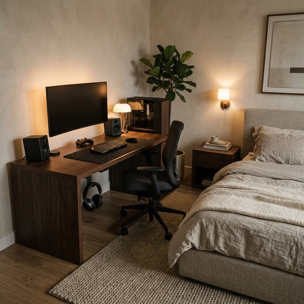 Bedroom gaming desk with headphones hanging from an under-desk hook