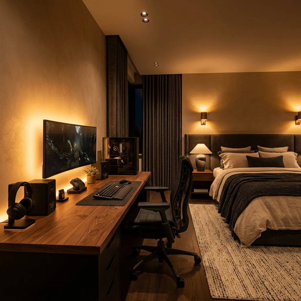 Cozy gaming bedroom illuminated by warm amber desk and bedside lighting