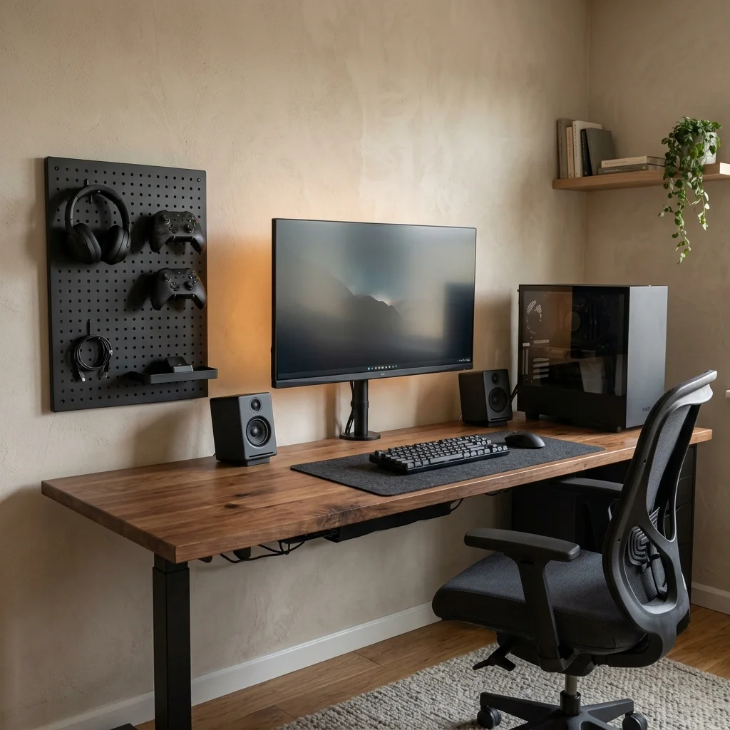 Organized gaming desk with vertical storage beside the monitor