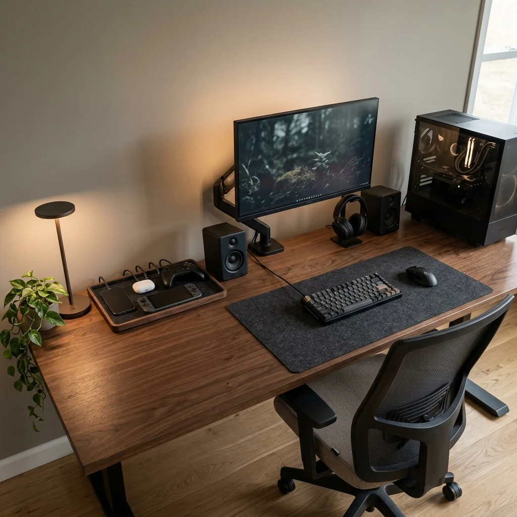 Gaming desk with a dedicated charging zone for handheld devices and controllers