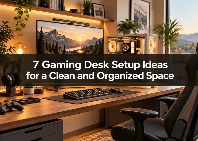 Organized gaming desk with white PC, monitor, keyboard, and warm lighting