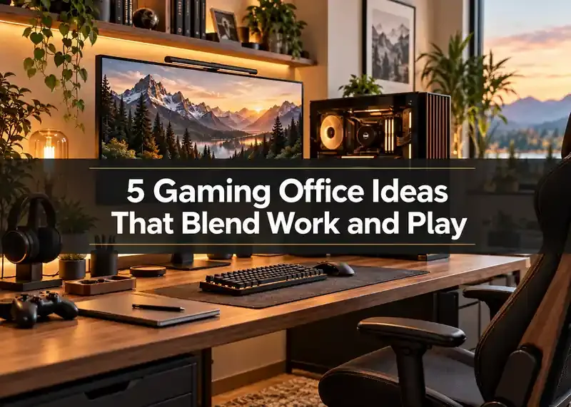 Gaming office with wood desk, black PC, monitor, plants, and warm lighting