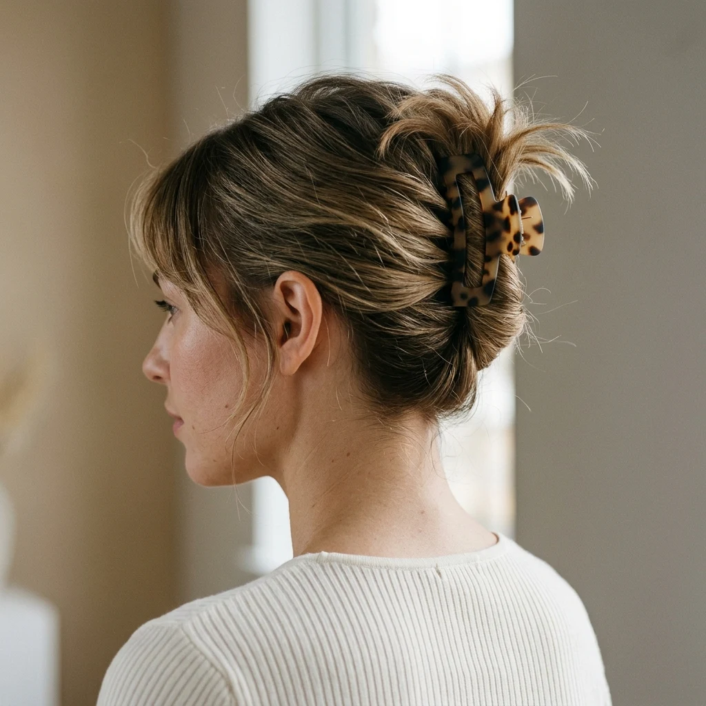 Short hair held in a claw clip French twist