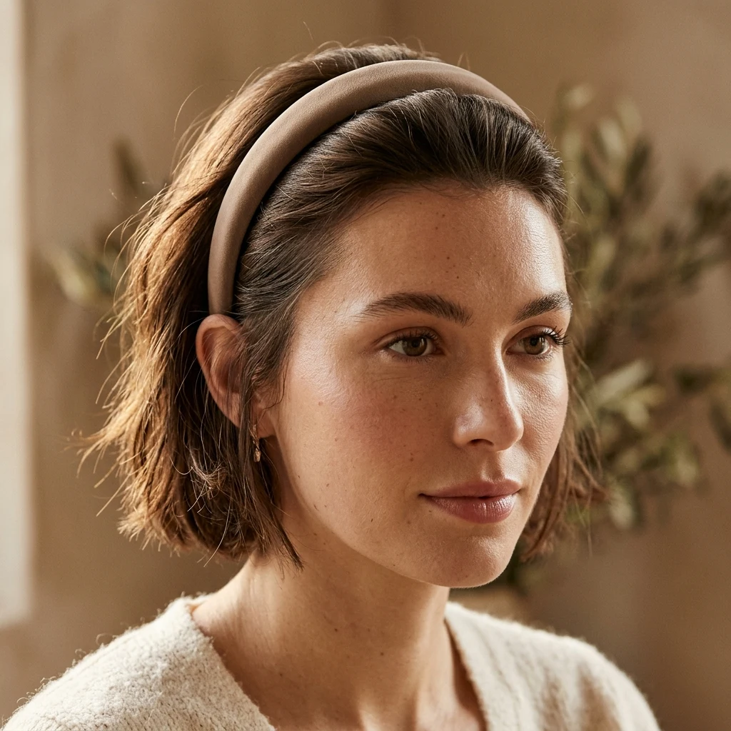 Short hair swept back with a slim padded headband