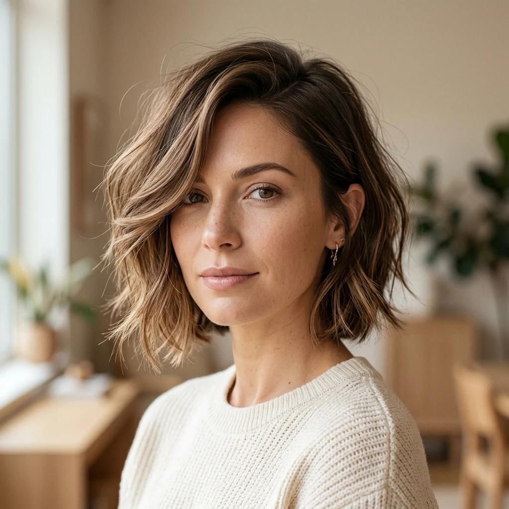 Short bob styled with textured side-swept volume