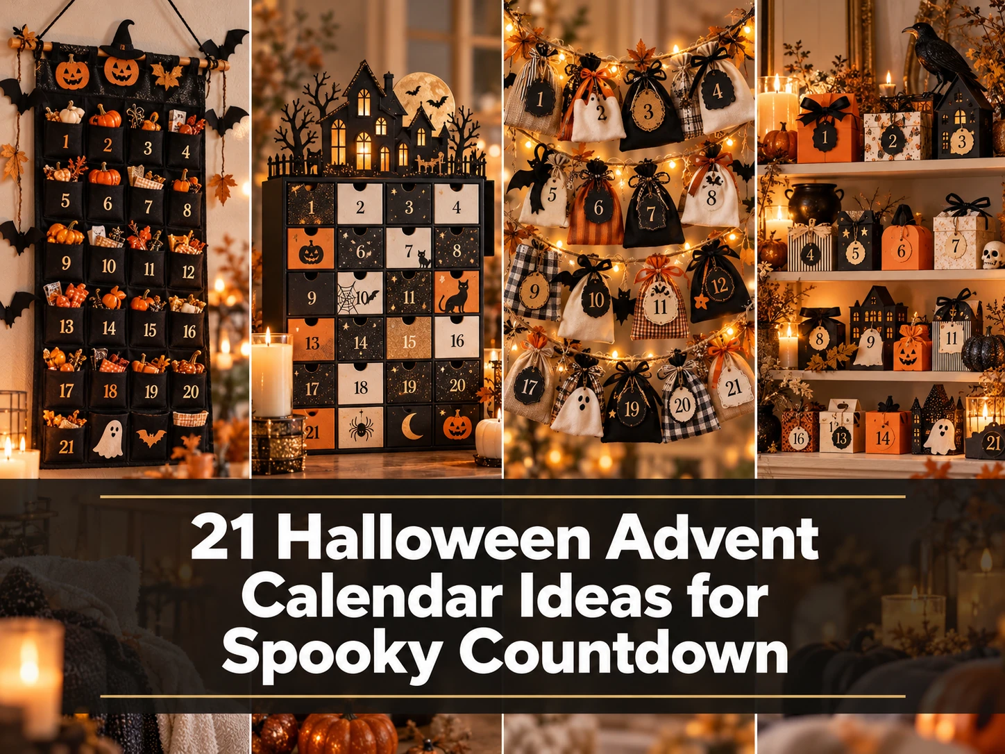 Four cozy Halloween advent calendars with numbered treats and decorations
