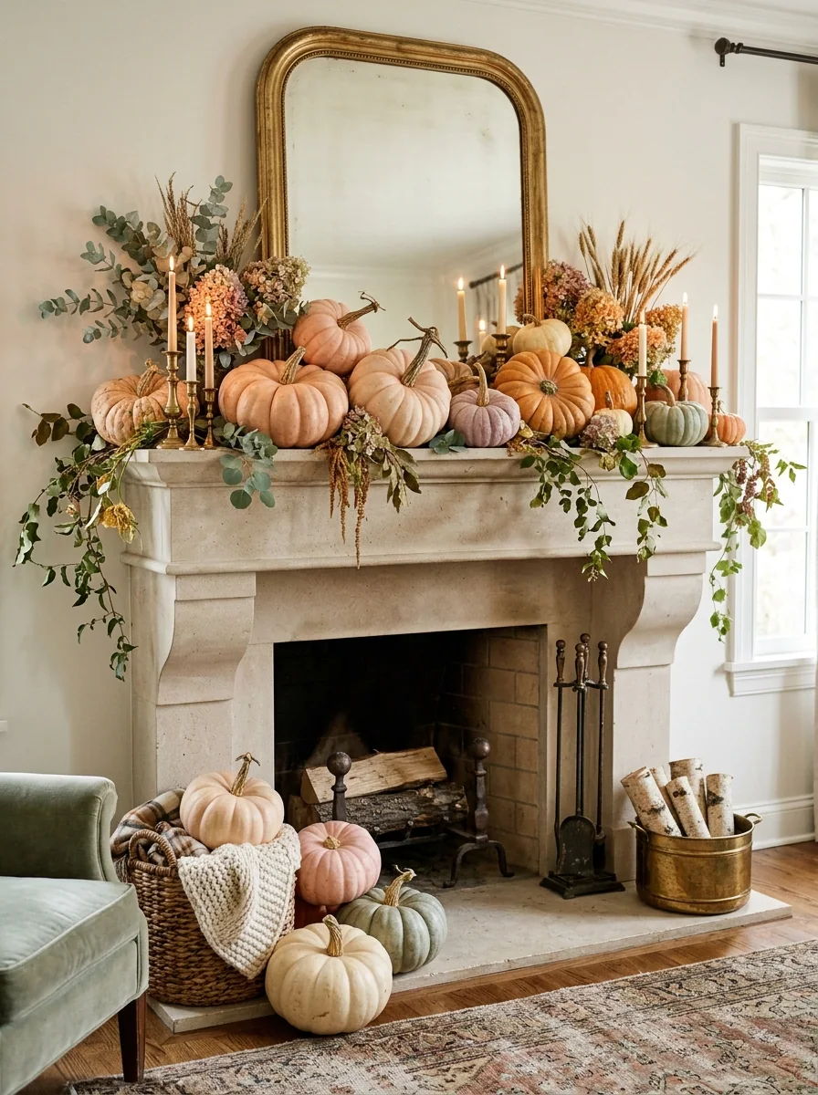 Pink-and-Cream Pumpkin Mantel