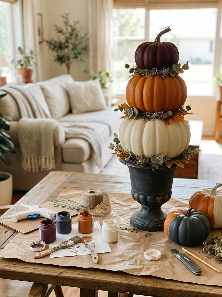 Painted Faux Pumpkin Topiaries