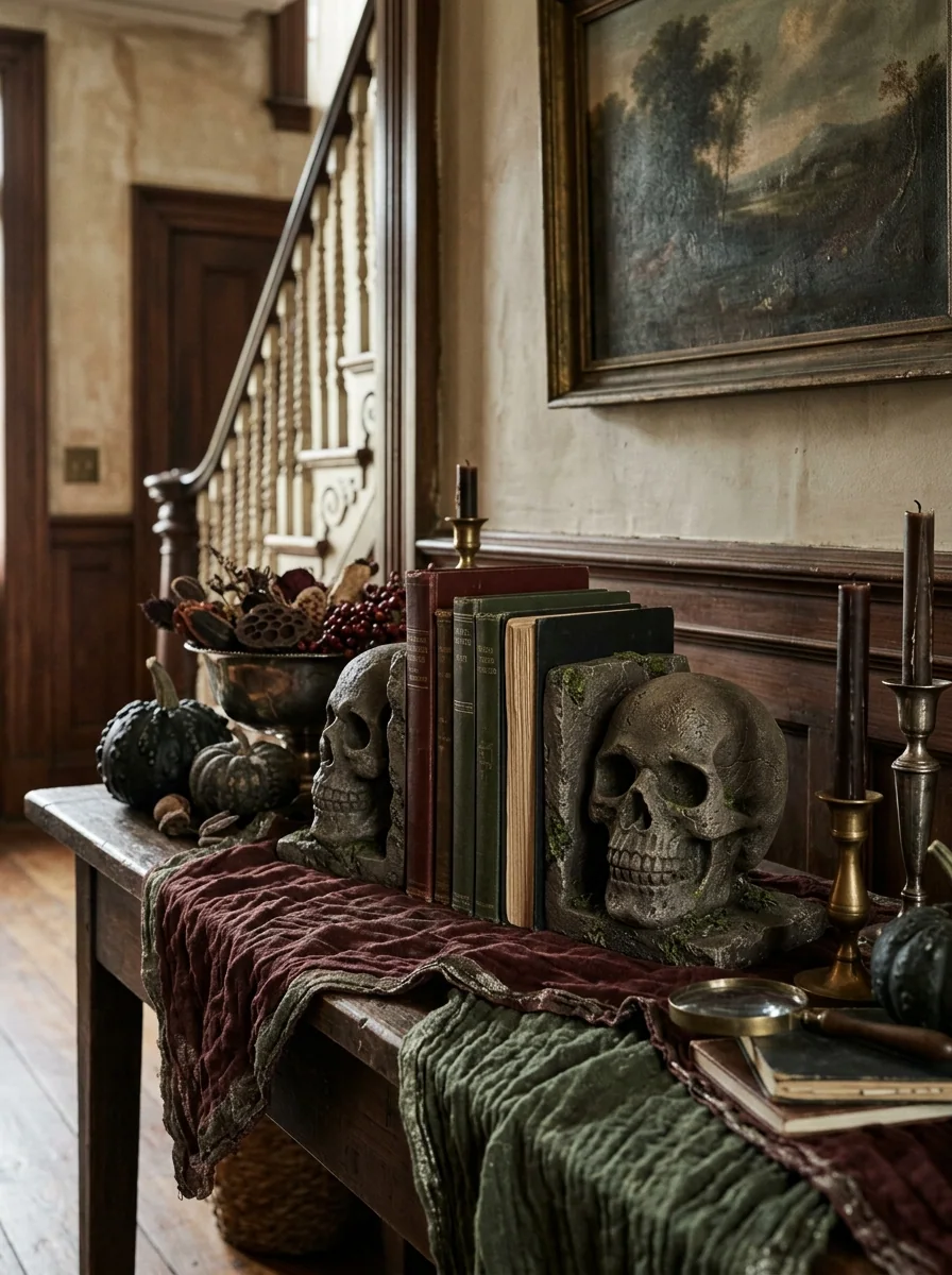 Stone-Look Skull Bookends