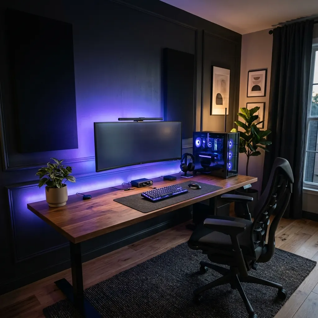 Charcoal gaming room with a large monitor and soft violet LED wall backlighting above a walnut desk