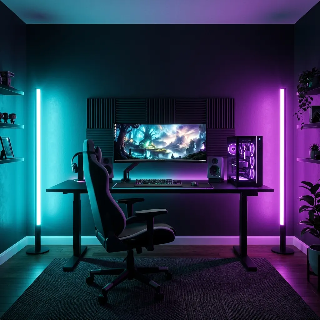 Dark gaming room with two vertical light bars casting cyan and magenta LED washes on the walls
