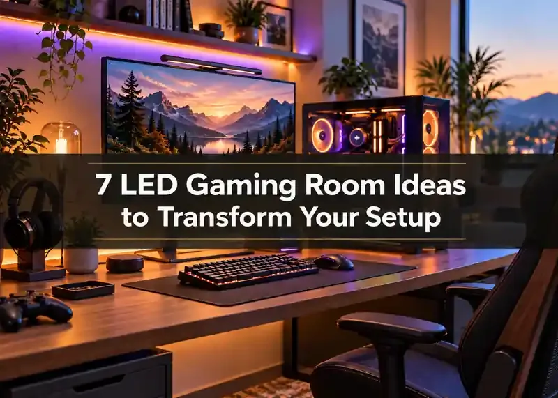 LED gaming room with purple and amber lighting around a modern desk