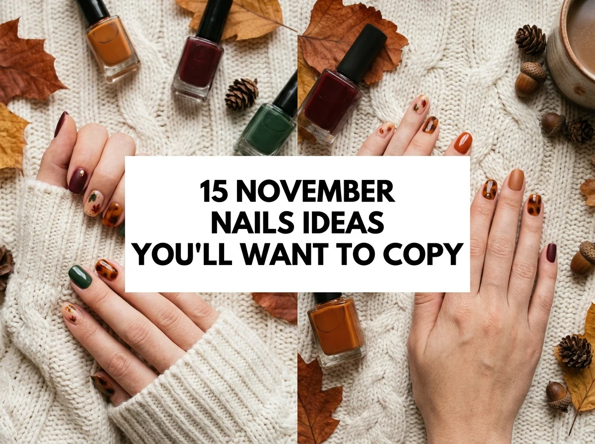Autumn nail designs in cranberry, olive, tortoiseshell, and plaid shades.