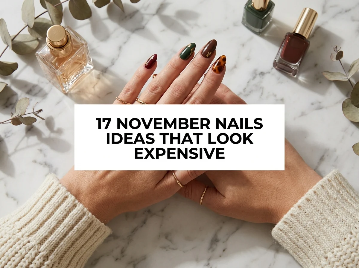 A polished November manicure with burgundy, olive, tortoiseshell, and gold details.