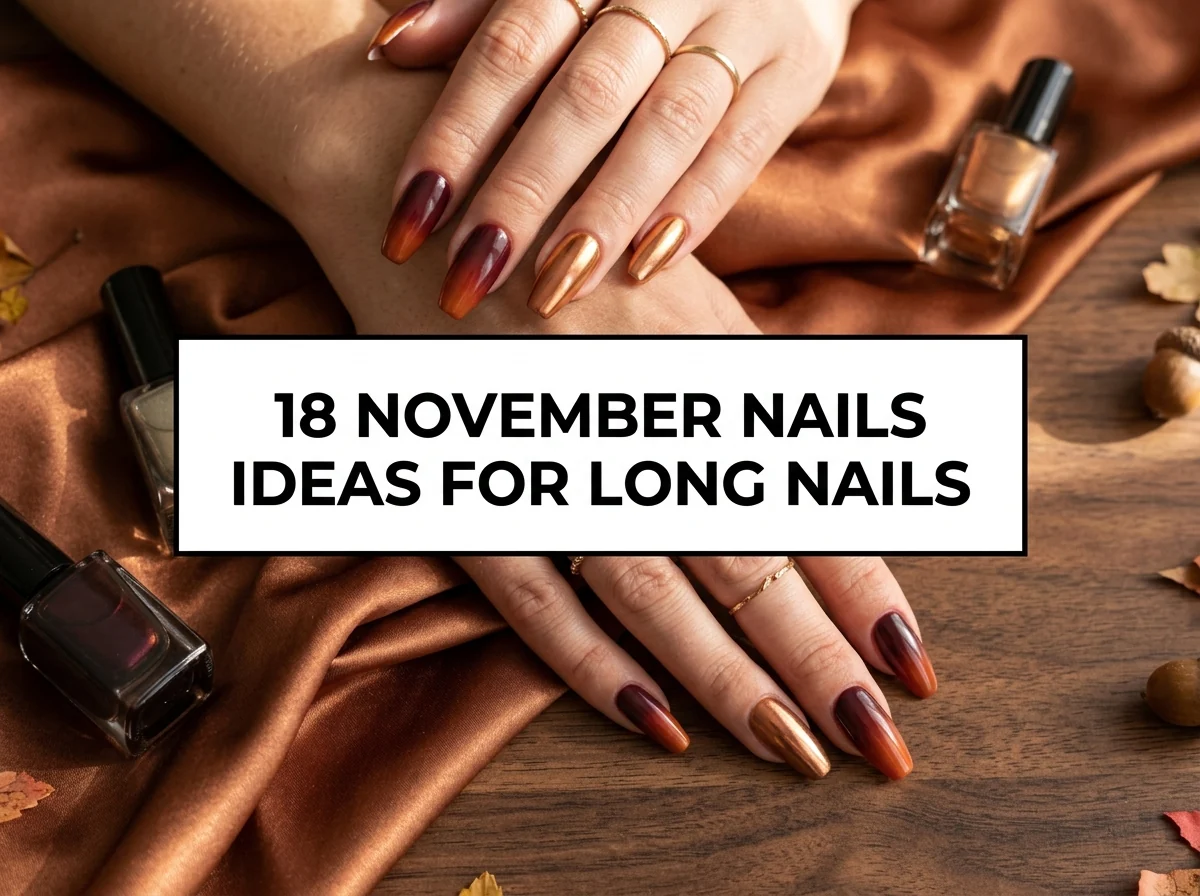 Long burgundy and copper chrome nails against bronze satin and wood.