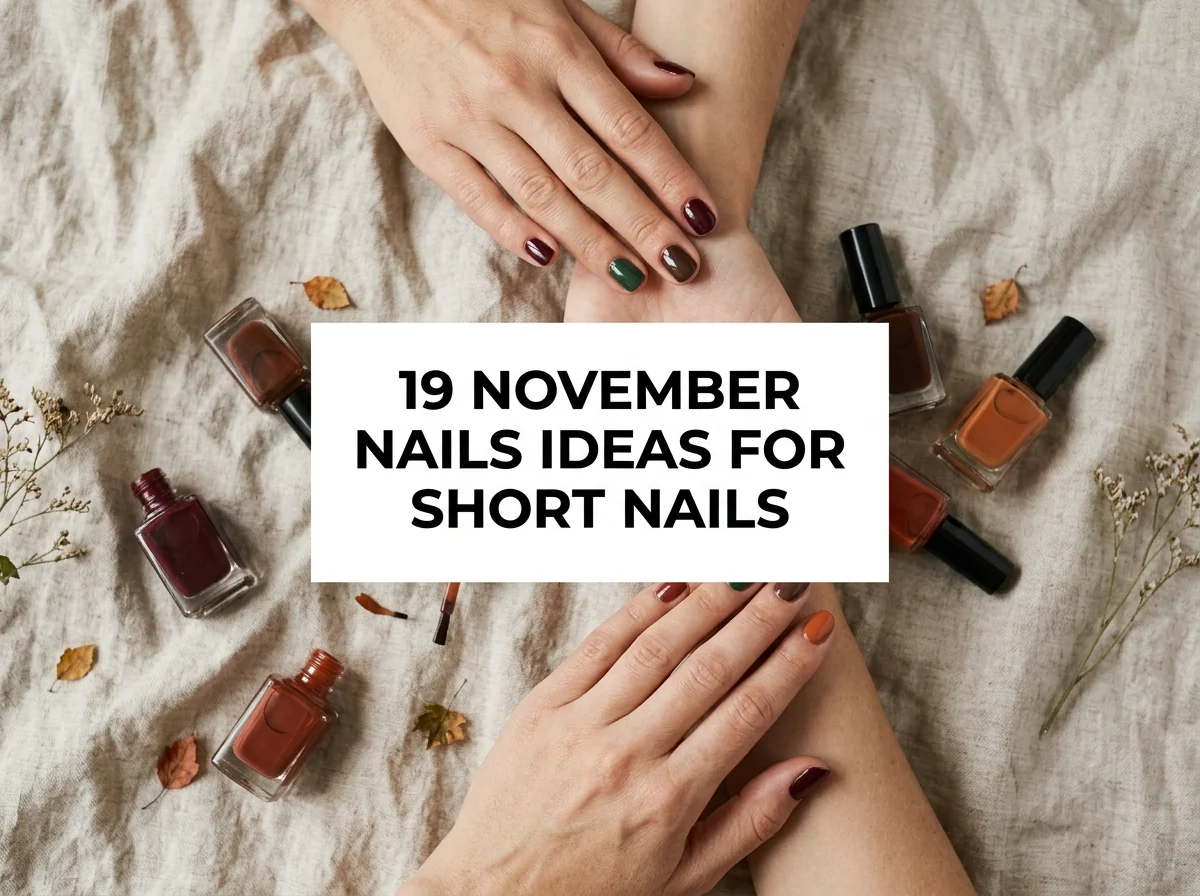 Short November nails in burgundy, terracotta, and olive with polish bottles.