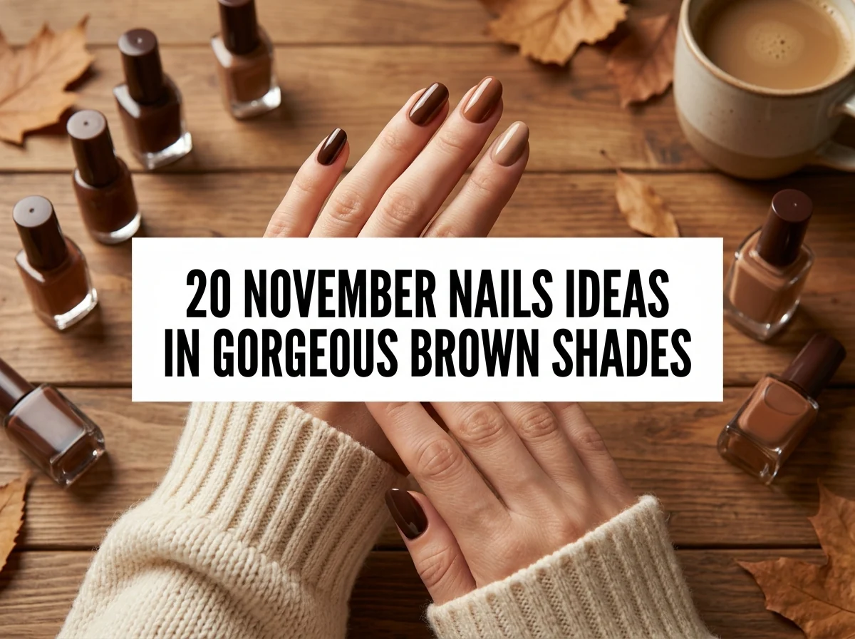 Brown November manicure in espresso, cocoa, caramel, and cream shades.