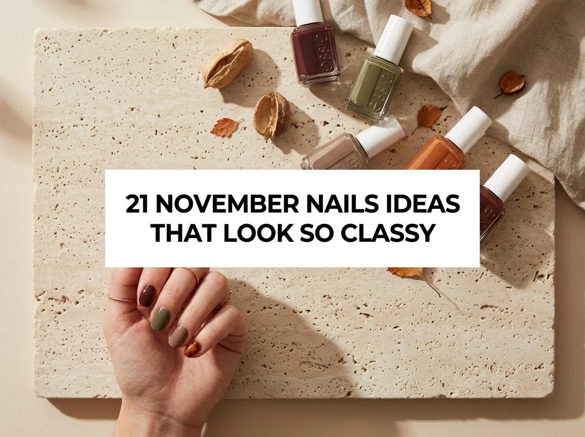 Classy November manicure in burgundy, olive, taupe, and tortoiseshell shades.