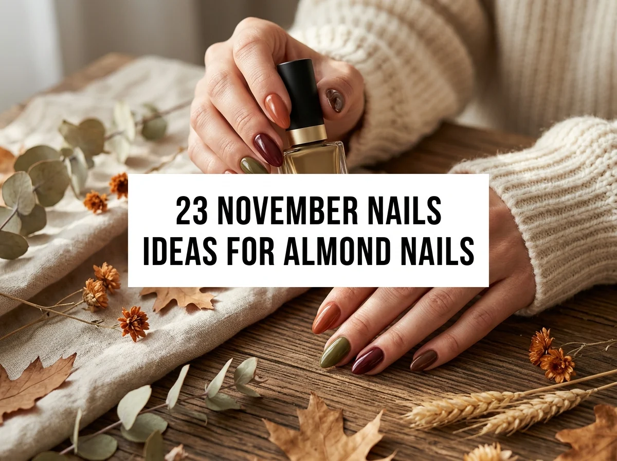Almond-shaped nails in warm brown, burgundy, and olive autumn shades.