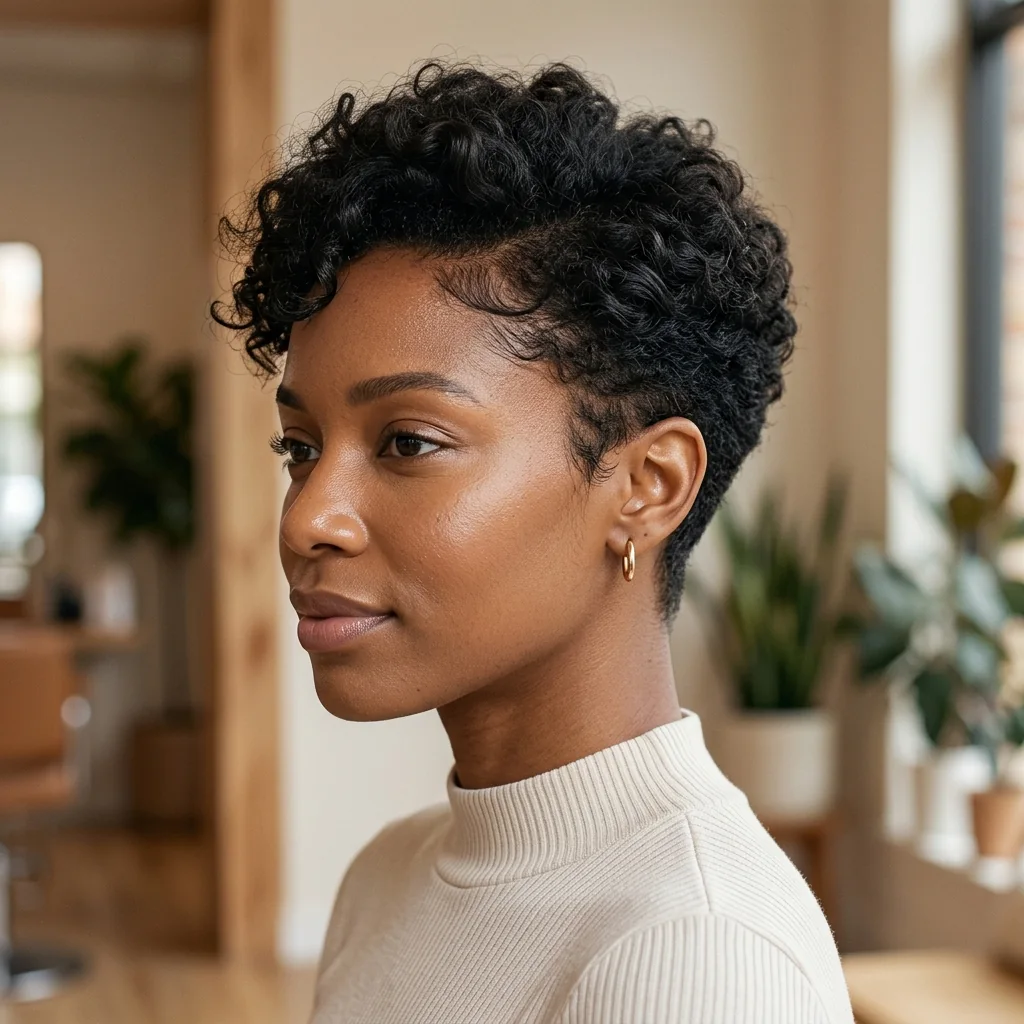 Black woman wearing a sleek side-parted pixie haircut