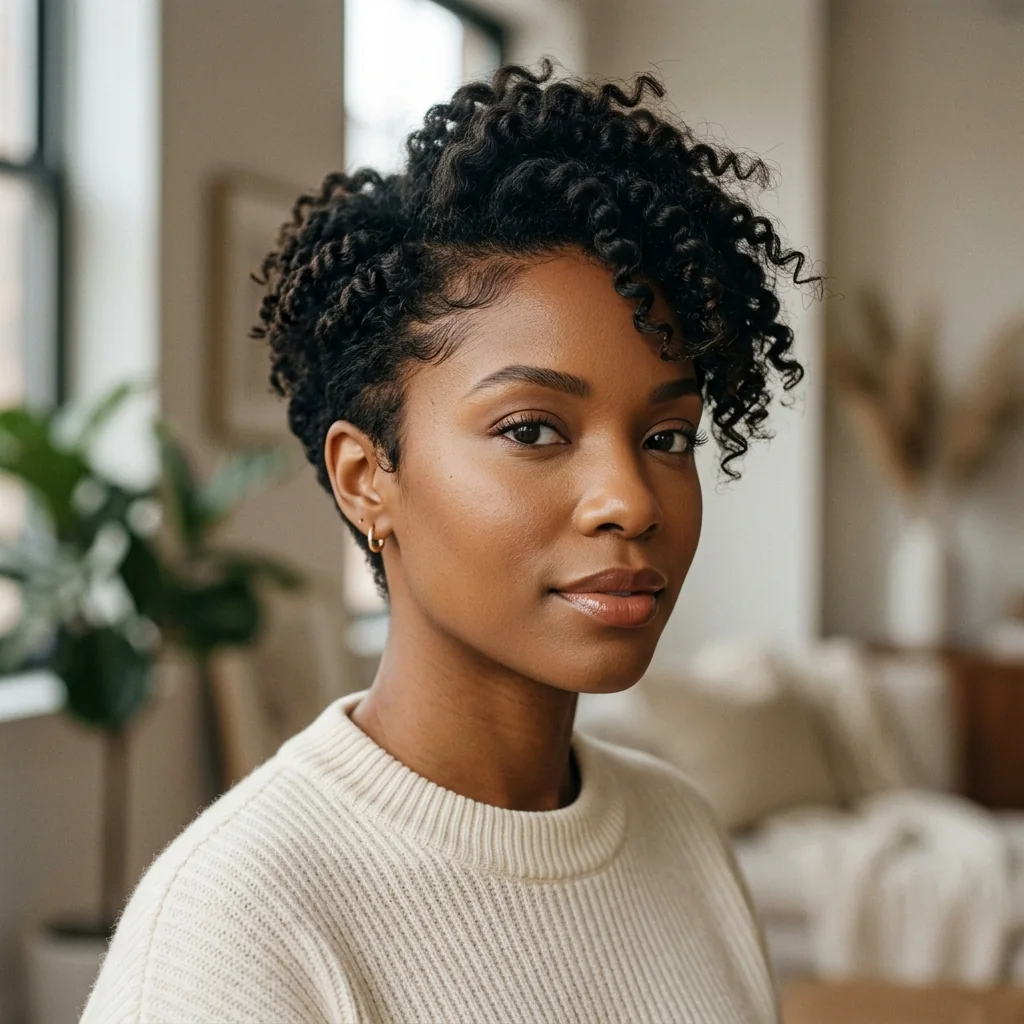 Black woman wearing a softly asymmetrical pixie haircut